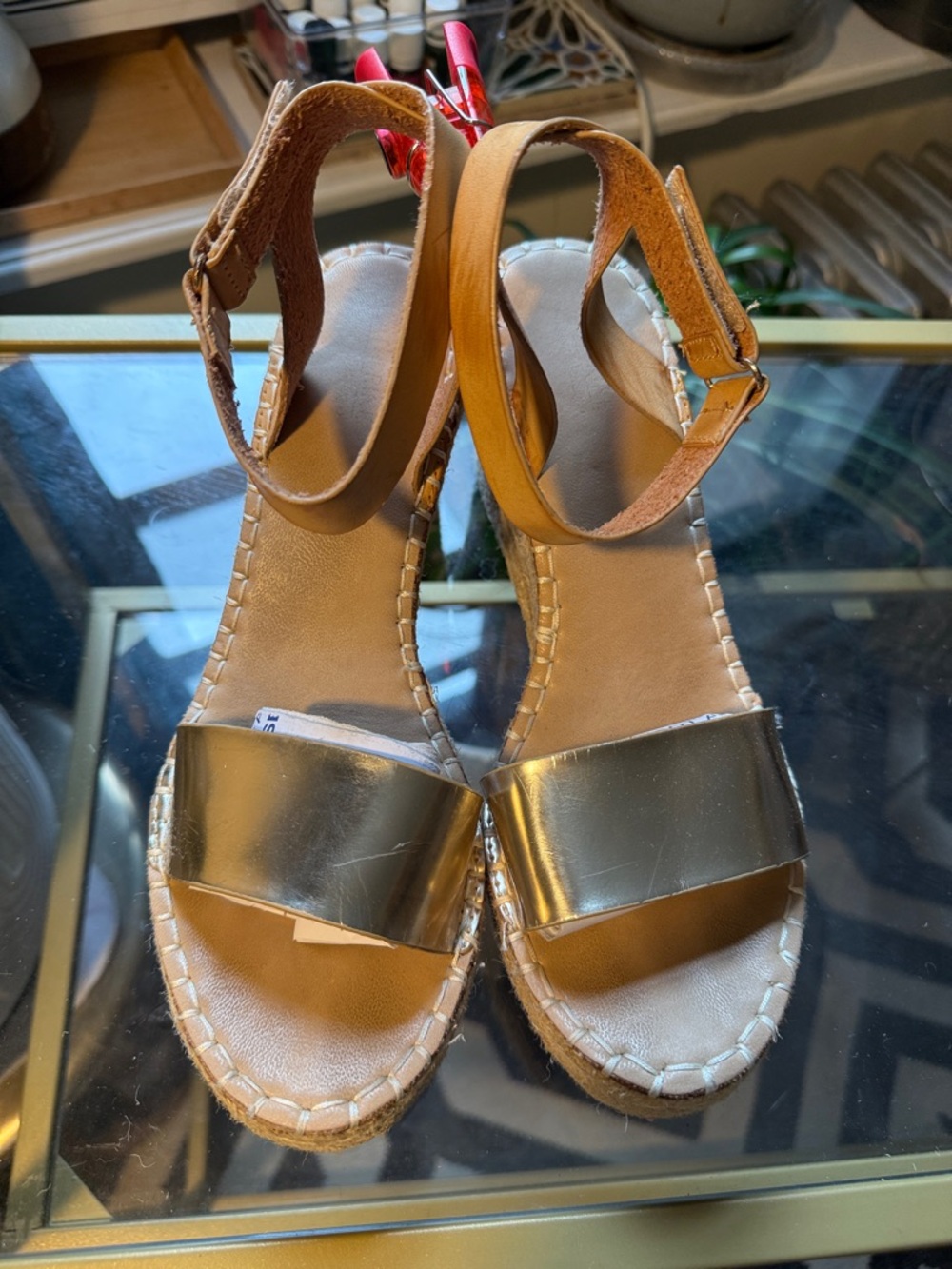 Catherine Malandrino Gold Metallic and Tan Ankle-Strap Sandals | size 10